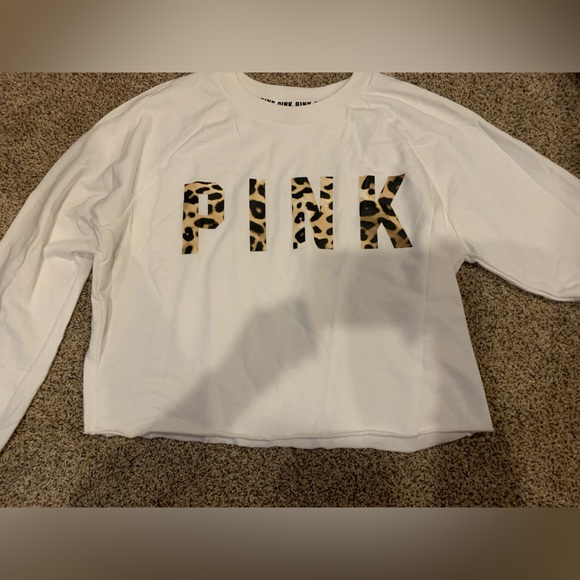 PINK Victoria's Secret Sweaters - White and leopard print PINK cropped sweat shirt. Size Large.
